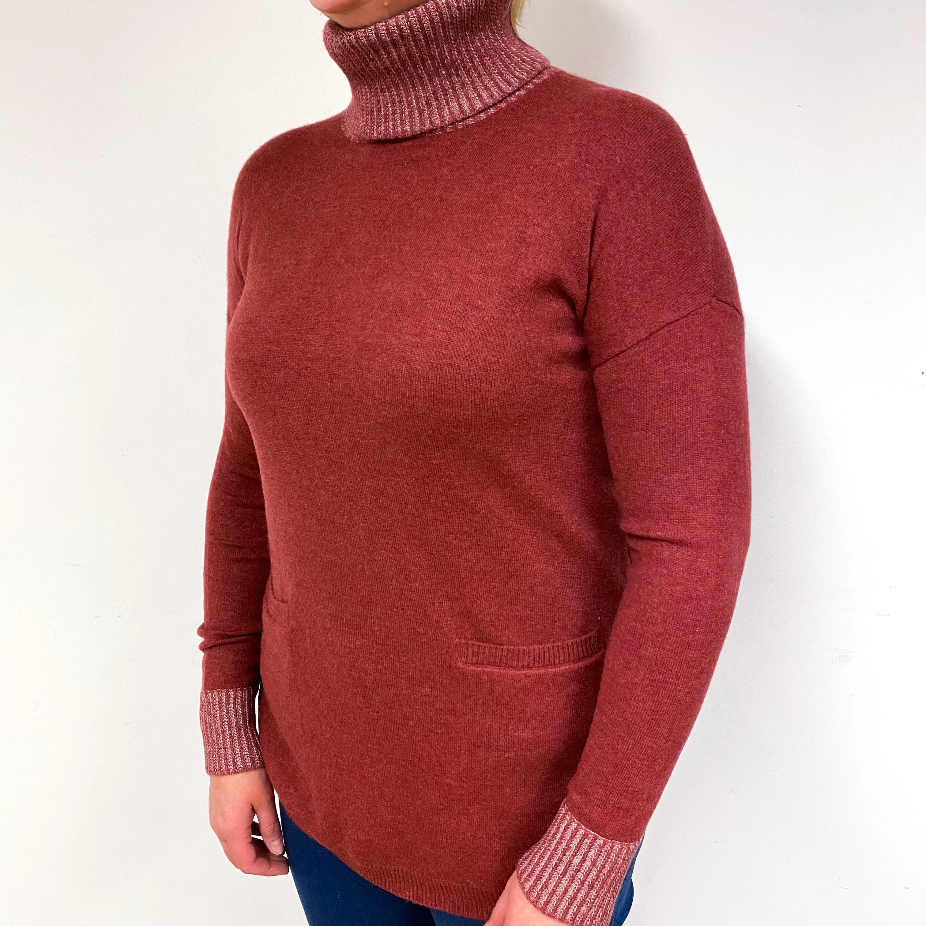 Terracotta Red Cashmere Polo Neck Tunic Jumper Large