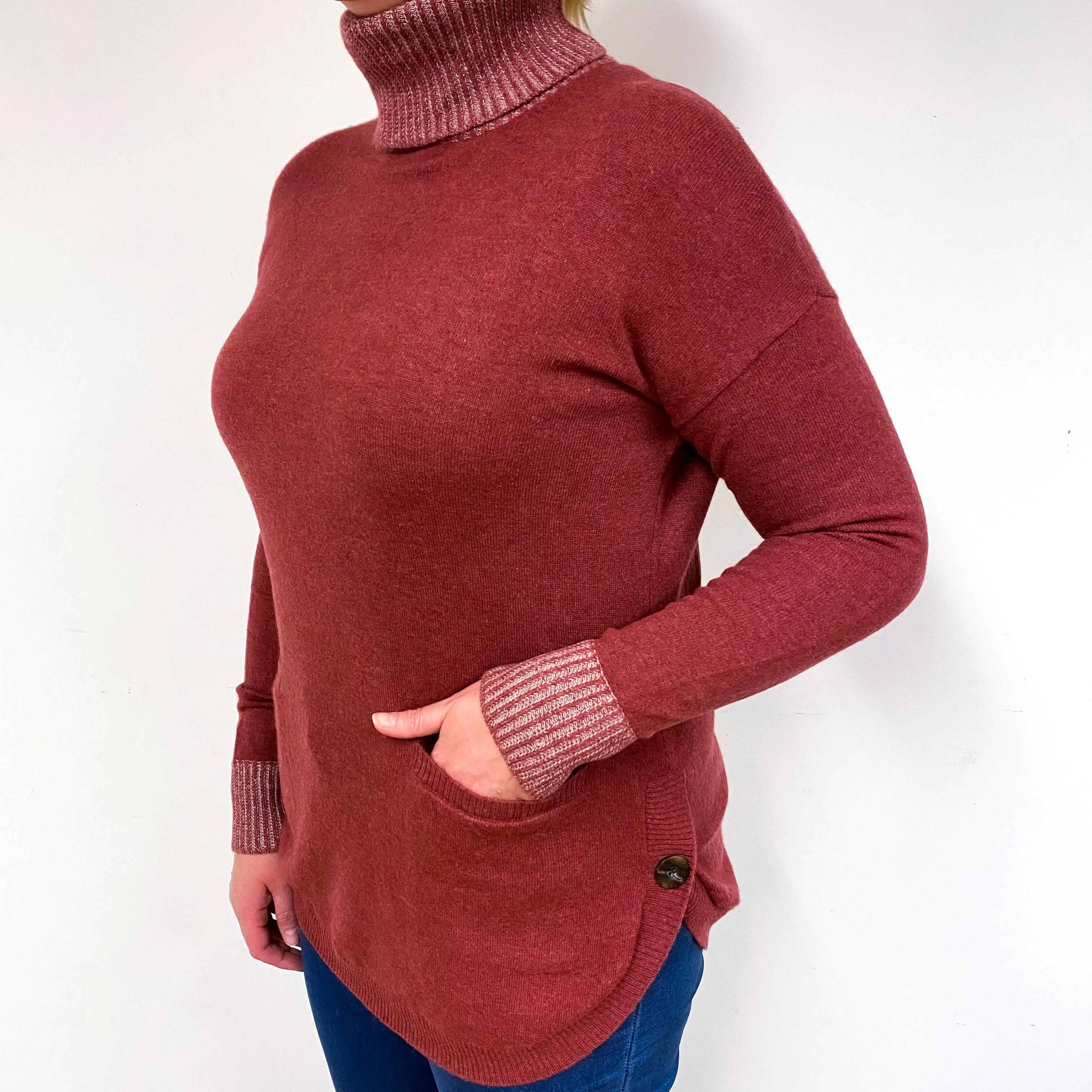 Terracotta Red Cashmere Polo Neck Tunic Jumper Large