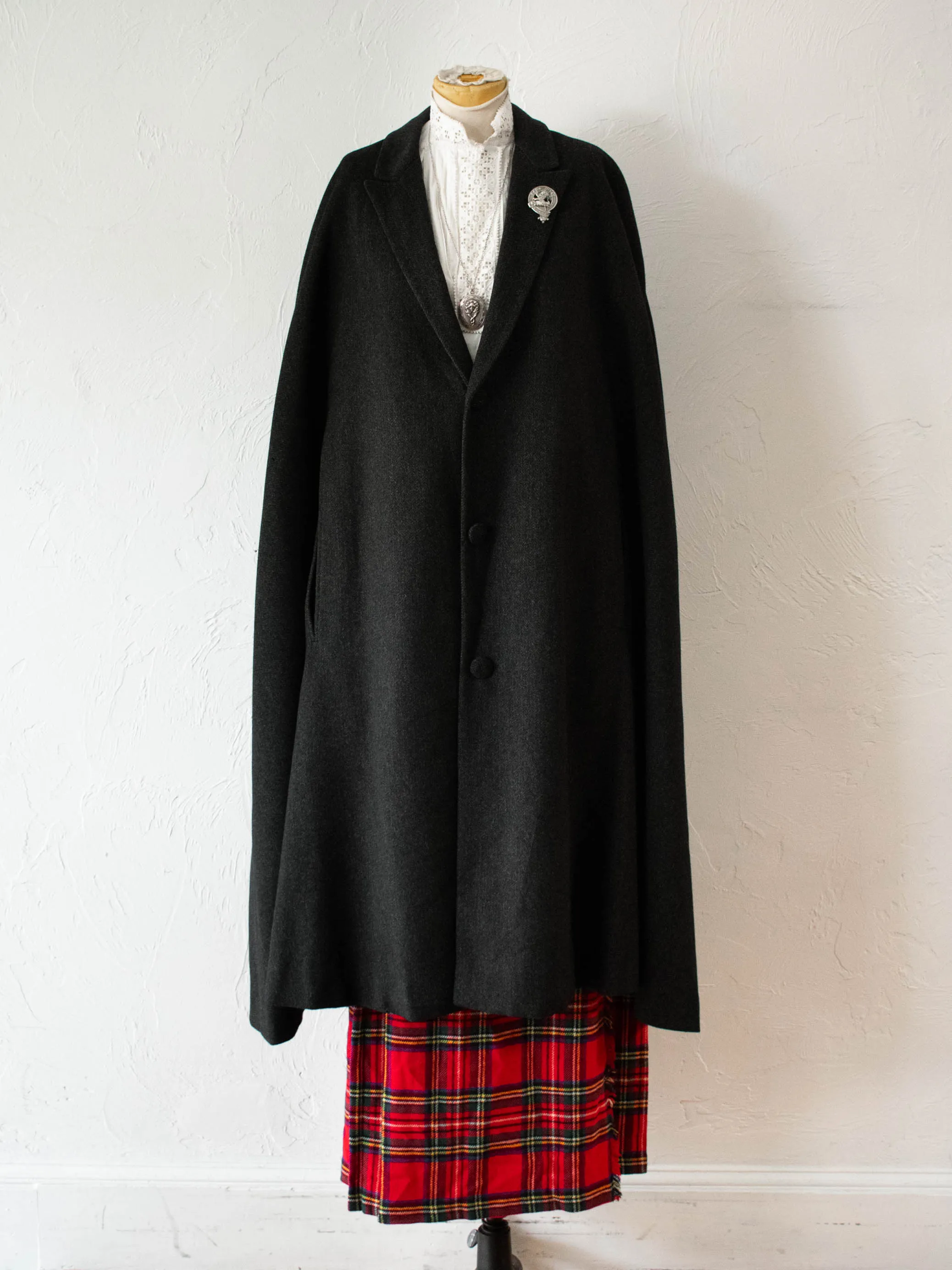 Vintage 1960s Bespoke Satin-Lined Charcoal Wool Cape XL