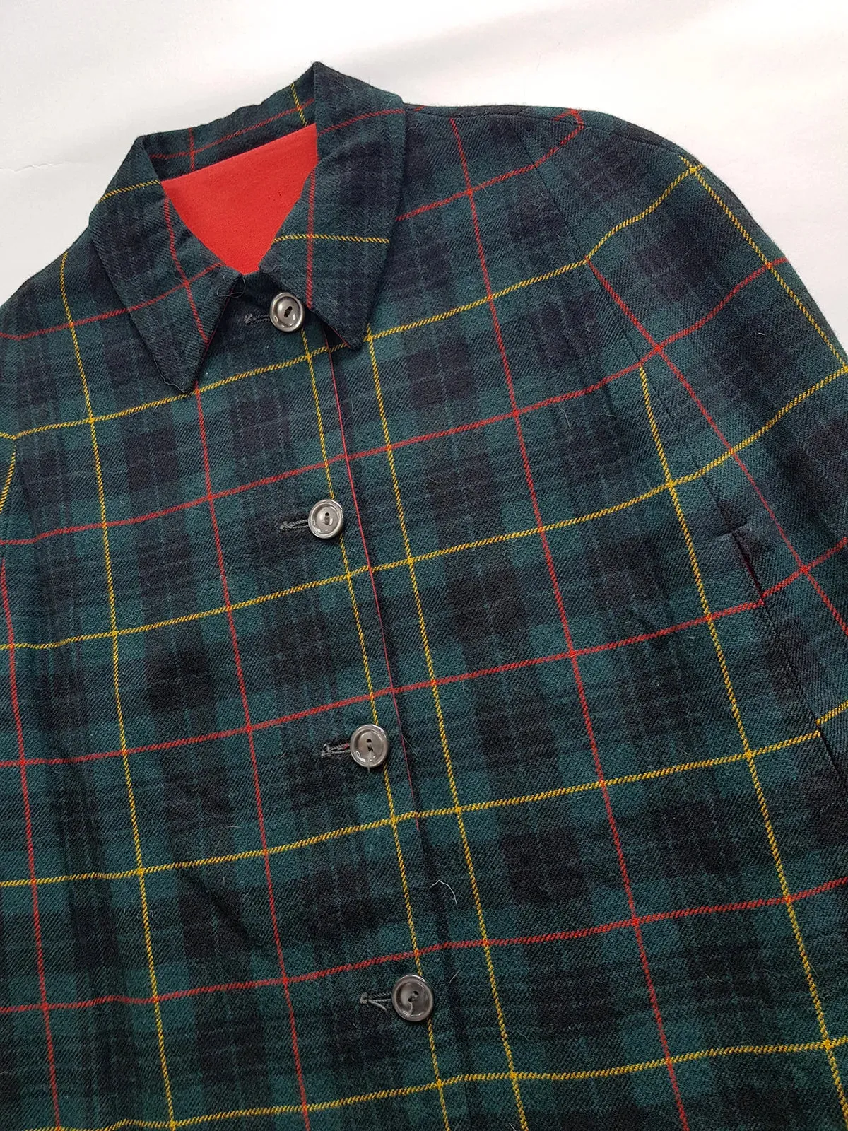 Vintage 1960s Plaid Cape in Hunter Green with Knockout Red Lining - Ralph Lauren Equestrian Style - Button Front Closure