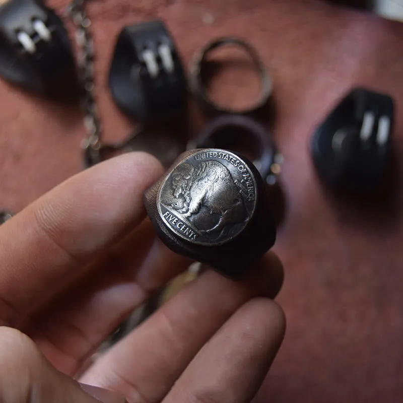 Vintage Buffalo Nickel Leather Scarf Ring