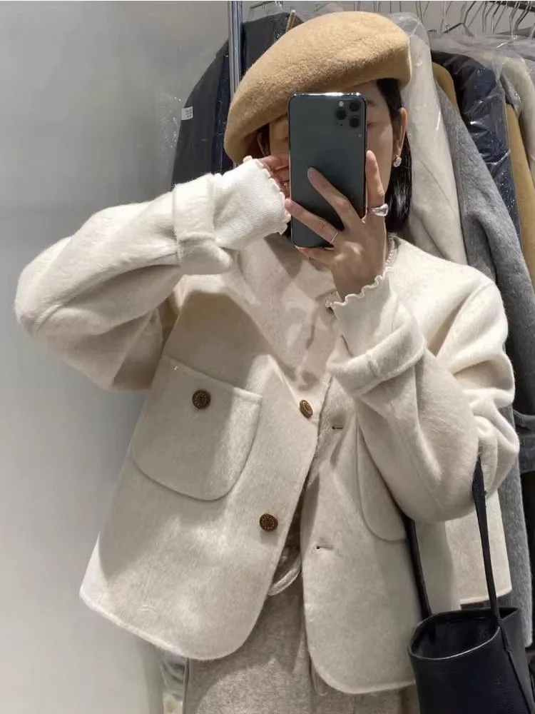 Vintage Elegant O-Neck Pockets Coat Jacket