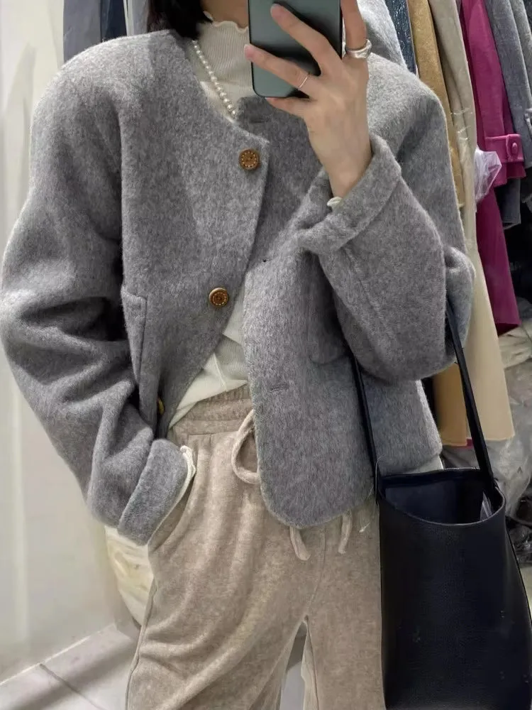Vintage Elegant O-Neck Pockets Coat Jacket