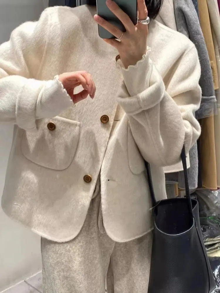 Vintage Elegant O-Neck Pockets Coat Jacket