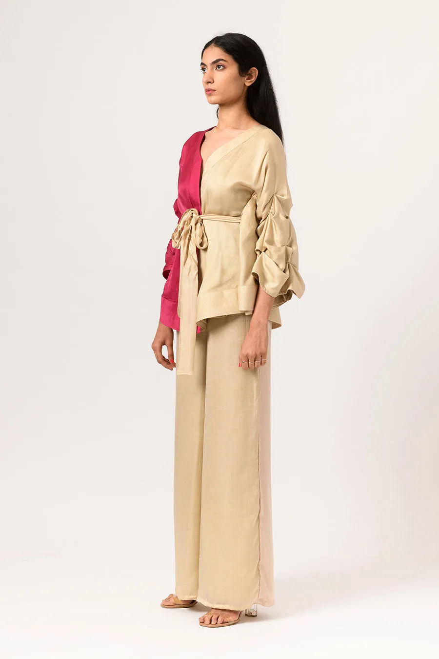 Wine-Ecru Half-n-Half Cape Co-Ord Set