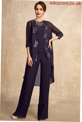 With Lace Chiffon Mother of Mother of the Bride Dresses Sequins Bride Alondra Floor-Length Scoop Jumpsuit/Pantsuit Dress Neck the