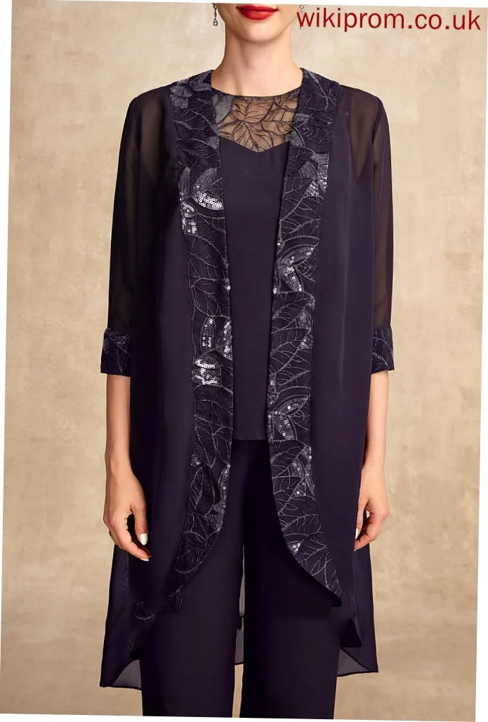 With Lace Chiffon Mother of Mother of the Bride Dresses Sequins Bride Alondra Floor-Length Scoop Jumpsuit/Pantsuit Dress Neck the