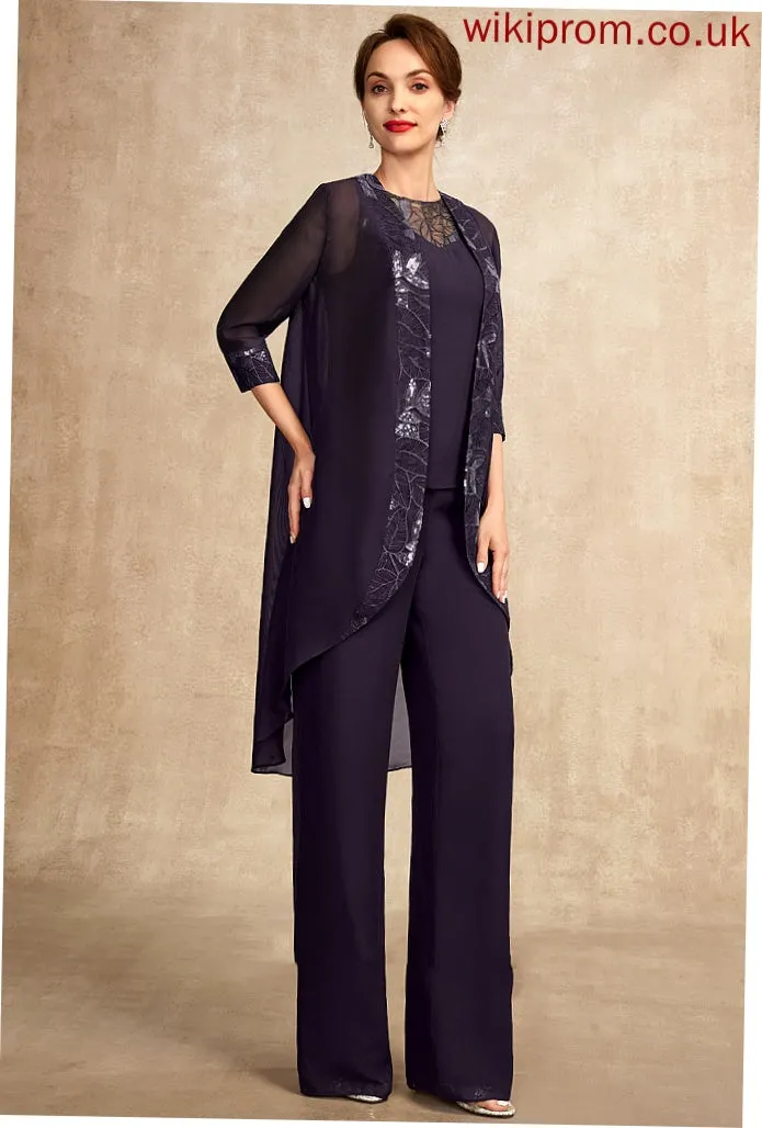 With Lace Chiffon Mother of Mother of the Bride Dresses Sequins Bride Alondra Floor-Length Scoop Jumpsuit/Pantsuit Dress Neck the