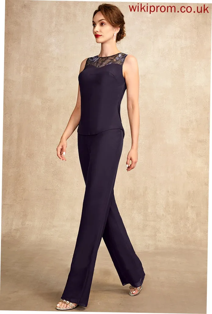 With Lace Chiffon Mother of Mother of the Bride Dresses Sequins Bride Alondra Floor-Length Scoop Jumpsuit/Pantsuit Dress Neck the