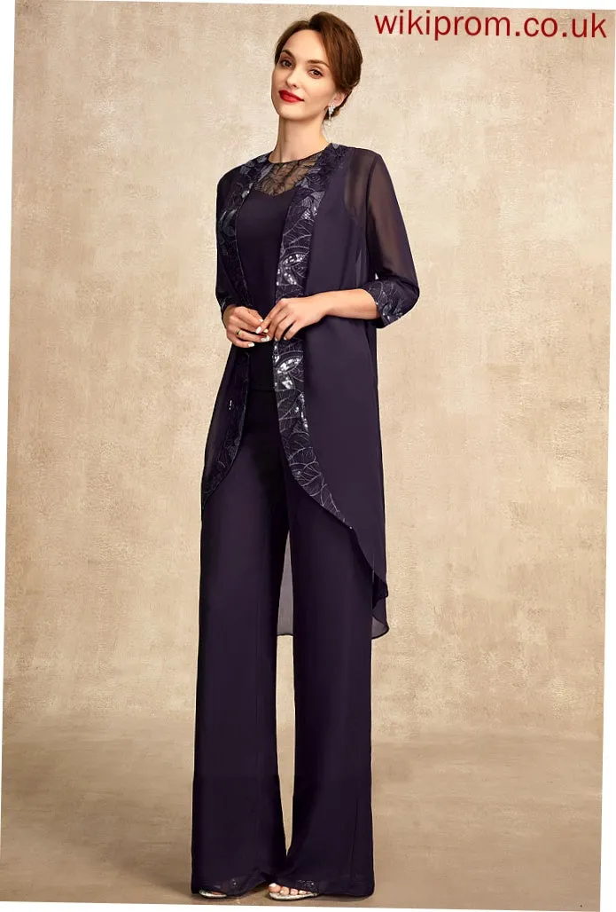 With Lace Chiffon Mother of Mother of the Bride Dresses Sequins Bride Alondra Floor-Length Scoop Jumpsuit/Pantsuit Dress Neck the