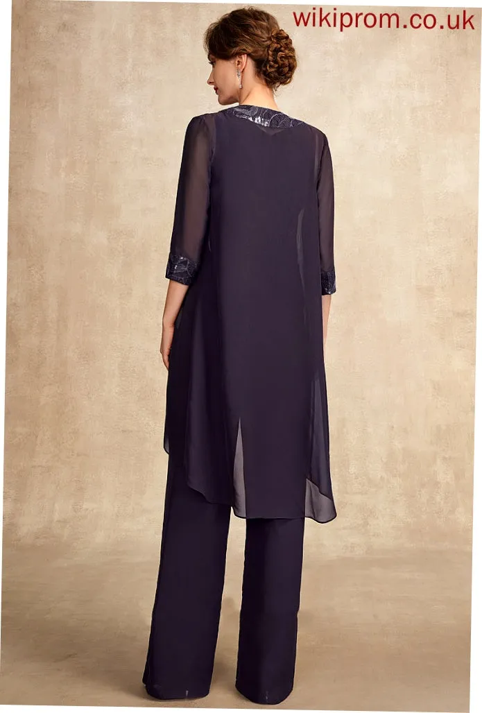 With Lace Chiffon Mother of Mother of the Bride Dresses Sequins Bride Alondra Floor-Length Scoop Jumpsuit/Pantsuit Dress Neck the