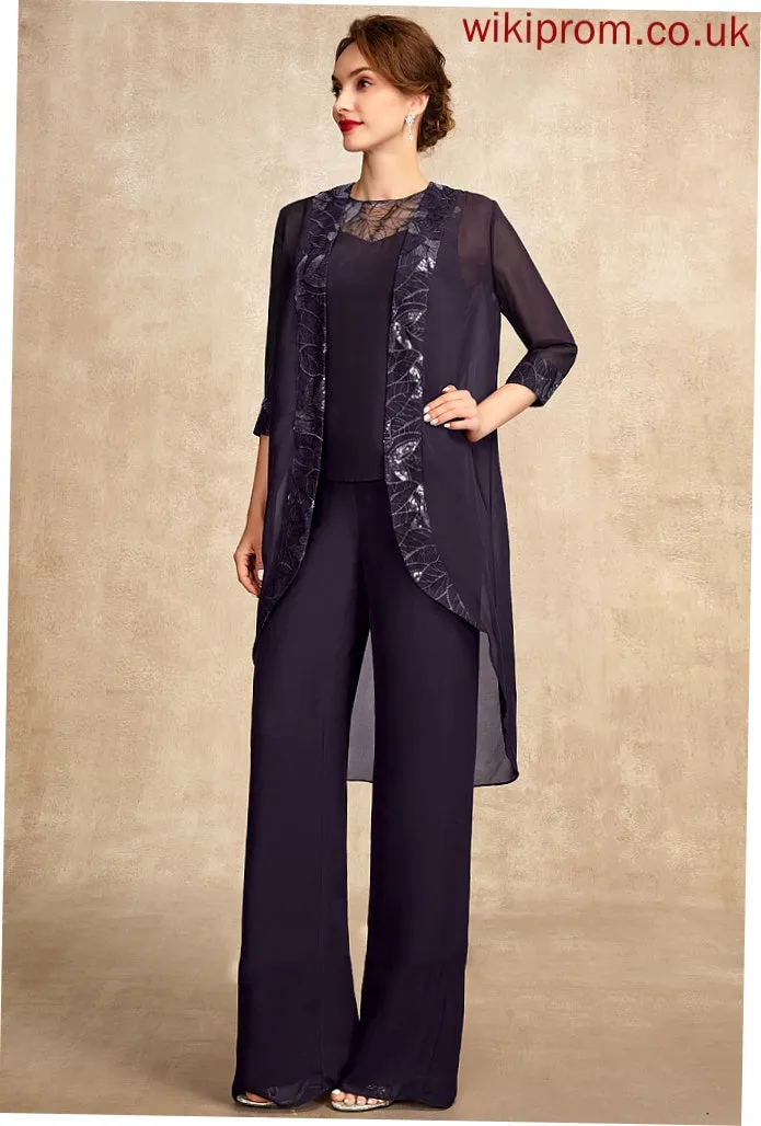 With Lace Chiffon Mother of Mother of the Bride Dresses Sequins Bride Alondra Floor-Length Scoop Jumpsuit/Pantsuit Dress Neck the