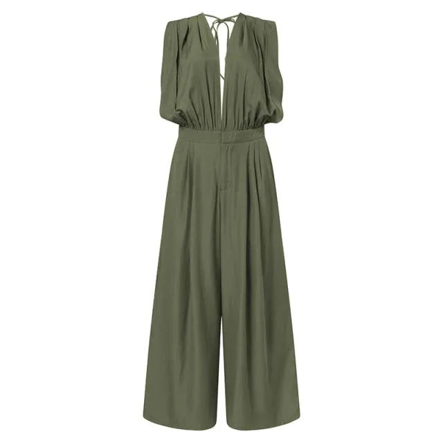 Women Summer Sleeveless Deep V Jumpsuit