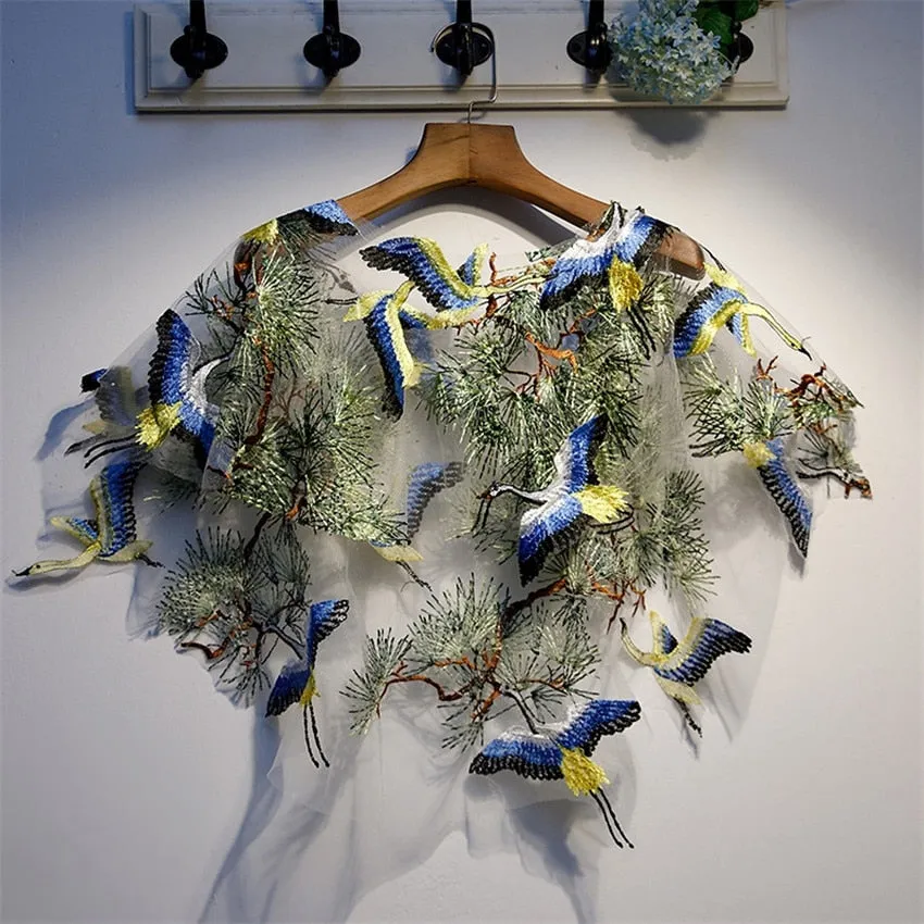 Woodland Blue Cranes Embroidered Shawl Bolero Capes