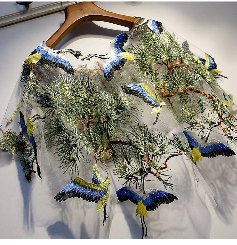 Woodland Blue Cranes Embroidered Shawl Bolero Capes