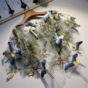 Woodland Blue Cranes Embroidered Shawl Bolero Capes