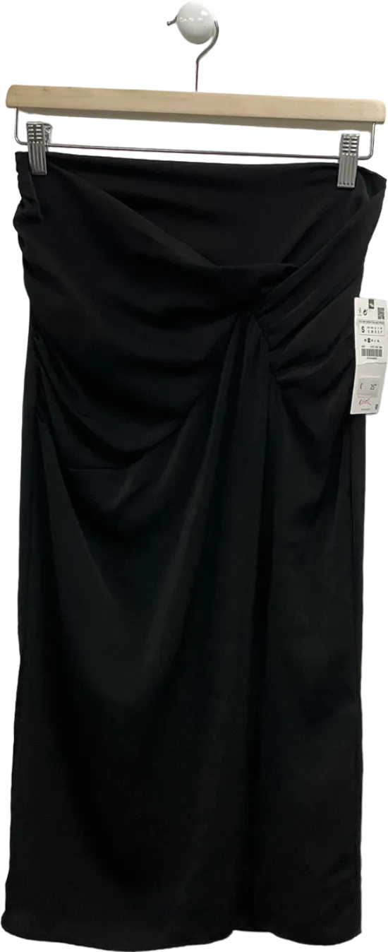 ZARA Black Ruched Midi Skirt UK S